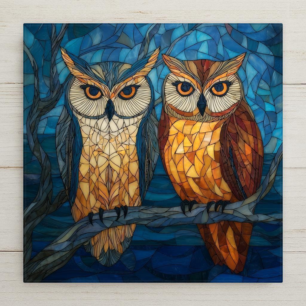 Owl pair ceramic tile wall art in a stained glass style design symbolizing wisdom, bonding, and partnership. This is a permanent high-resolution print on ceramic tile, not actual stained glass. Optional display add-ons include a tile wall hanger, easel tile stand, cork backing, or a premium frame option for wall or tabletop display.
