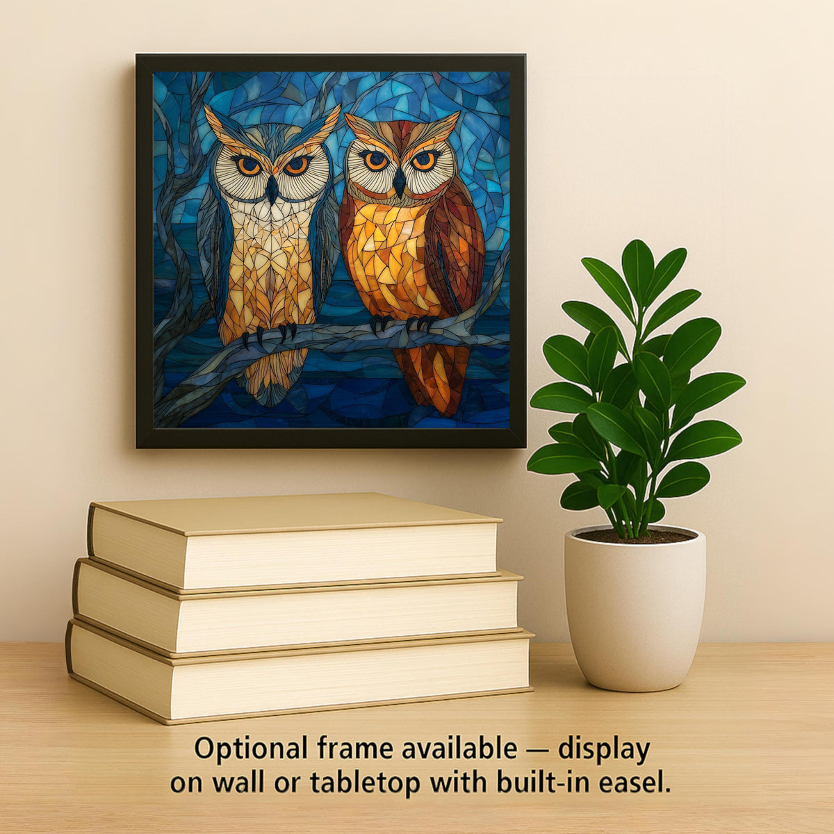 Owl Pair Ceramic Art Tile – Stained Glass Style Symbolic Wall Decor, Anniversary Couple Bonding Gift