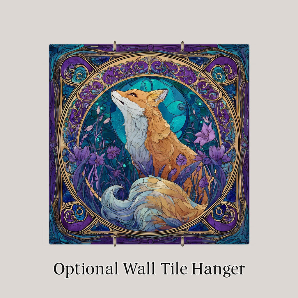 Kitsune Fox Ceramic Art Tile – Stained Glass Style, Japanese Gift, Fox Lover, Mythical Wildlife Art Decor
