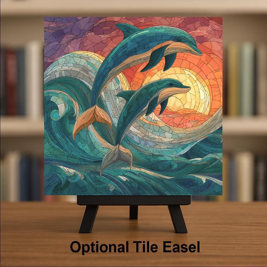 Dolphin Mosaic Style Ceramic Art Tile: Coastal Wall Decor Beach House Accent Ocean Home Decor Wall Art Ocean Marine Dolphin Sea Life Art
