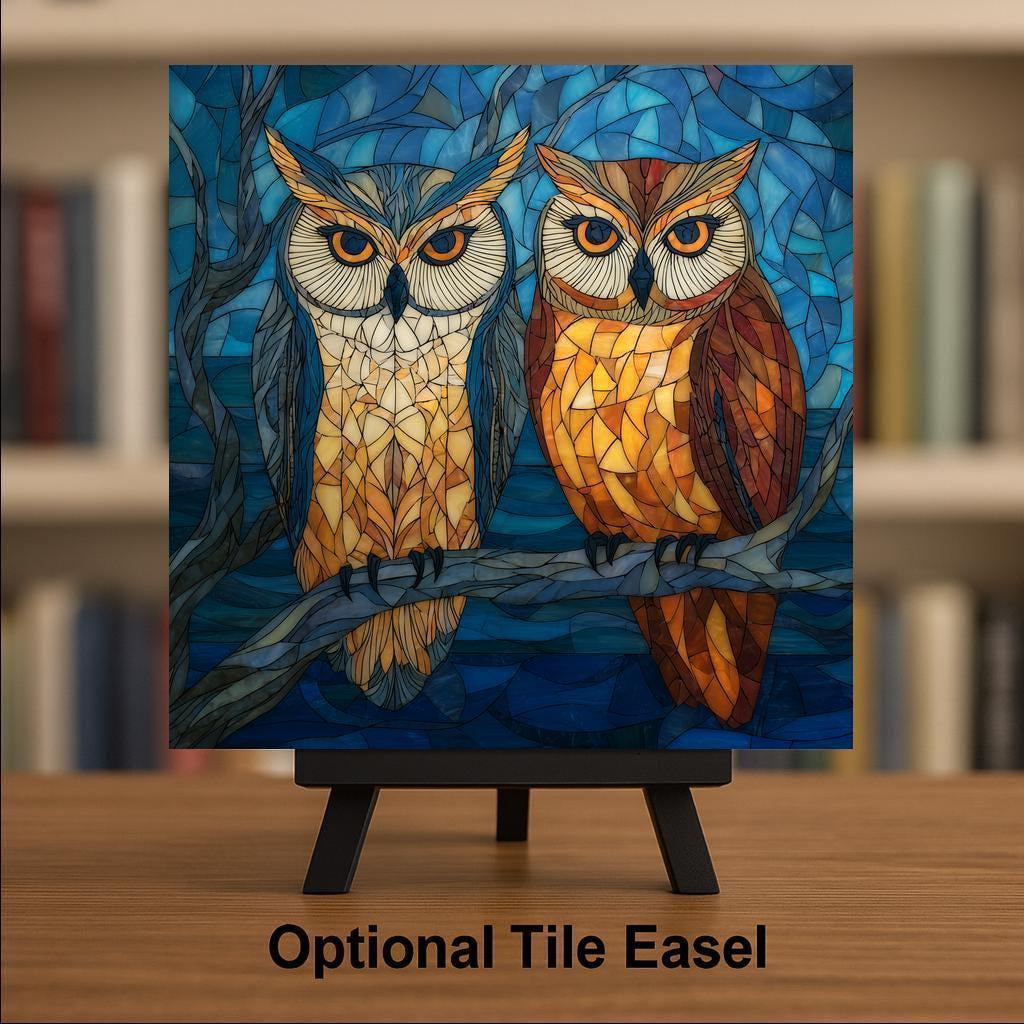 Owl Pair Ceramic Art Tile – Stained Glass Style Symbolic Wall Decor, Anniversary Couple Bonding Gift