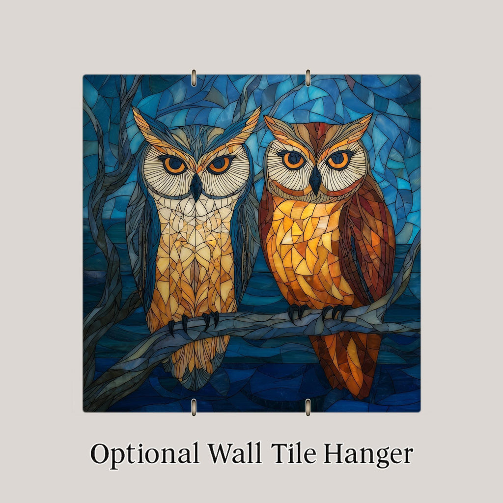 Owl Pair Ceramic Art Tile – Stained Glass Style Symbolic Wall Decor, Anniversary Couple Bonding Gift