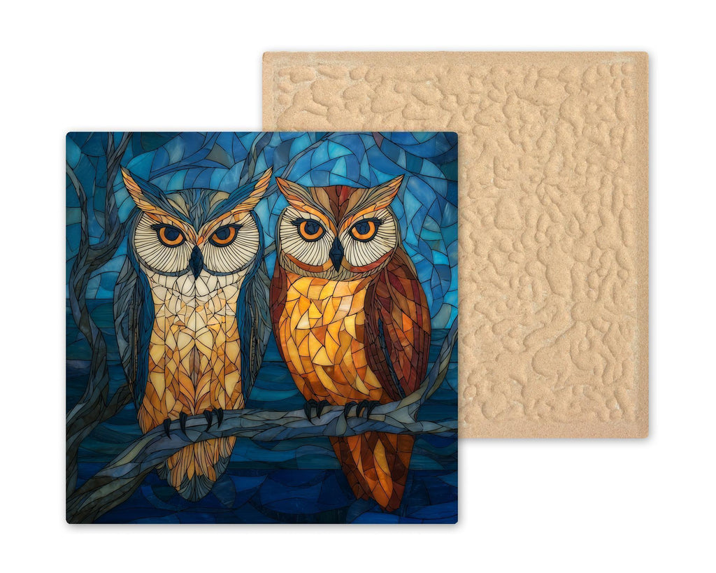 Owl Pair Ceramic Art Tile – Stained Glass Style Symbolic Wall Decor, Anniversary Couple Bonding Gift