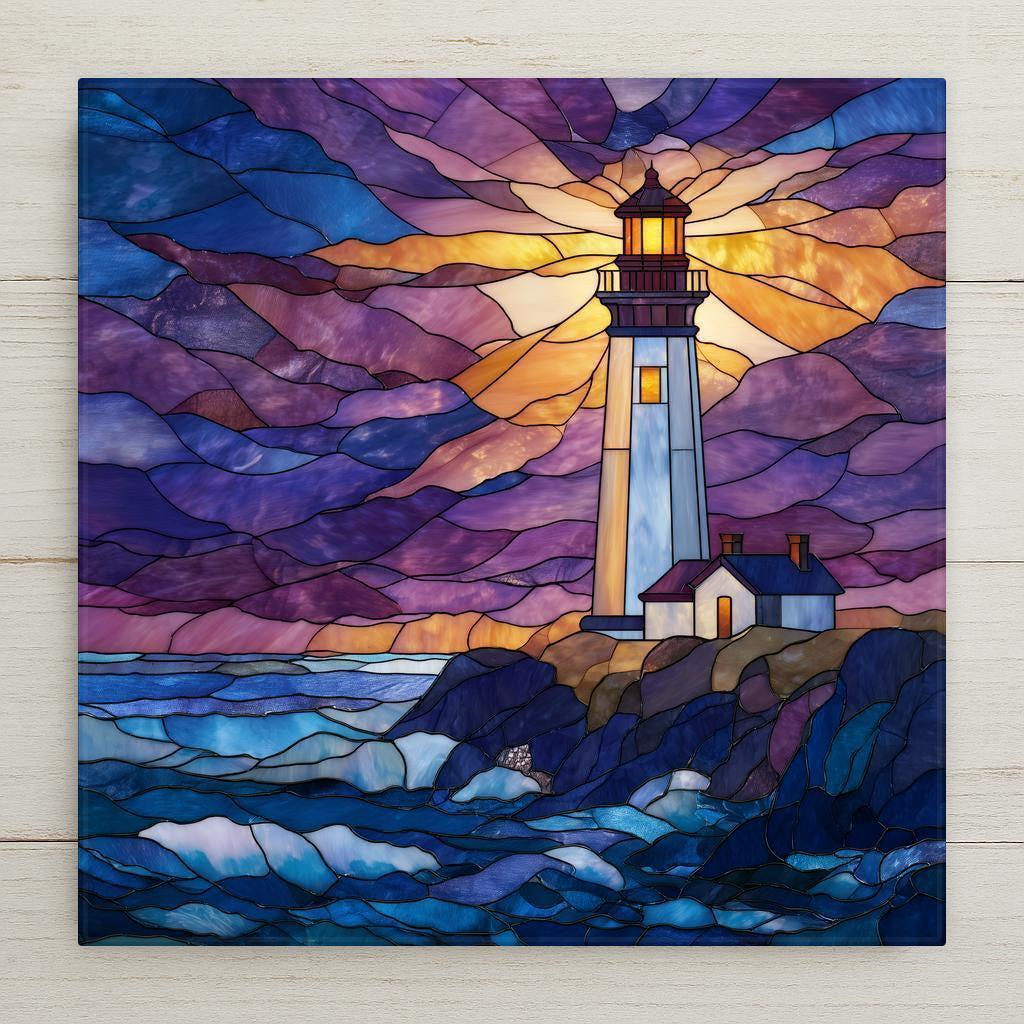 Stained-glass-style lighthouse wall art featuring a radiant beacon shining over ocean waves beneath a dramatic sky. This luminous ceramic tile symbolizes guidance, hope, and protection, making it meaningful home decor or a thoughtful nautical gift. Optional wall hanger, easel stand, cork backing, or premium frame available.