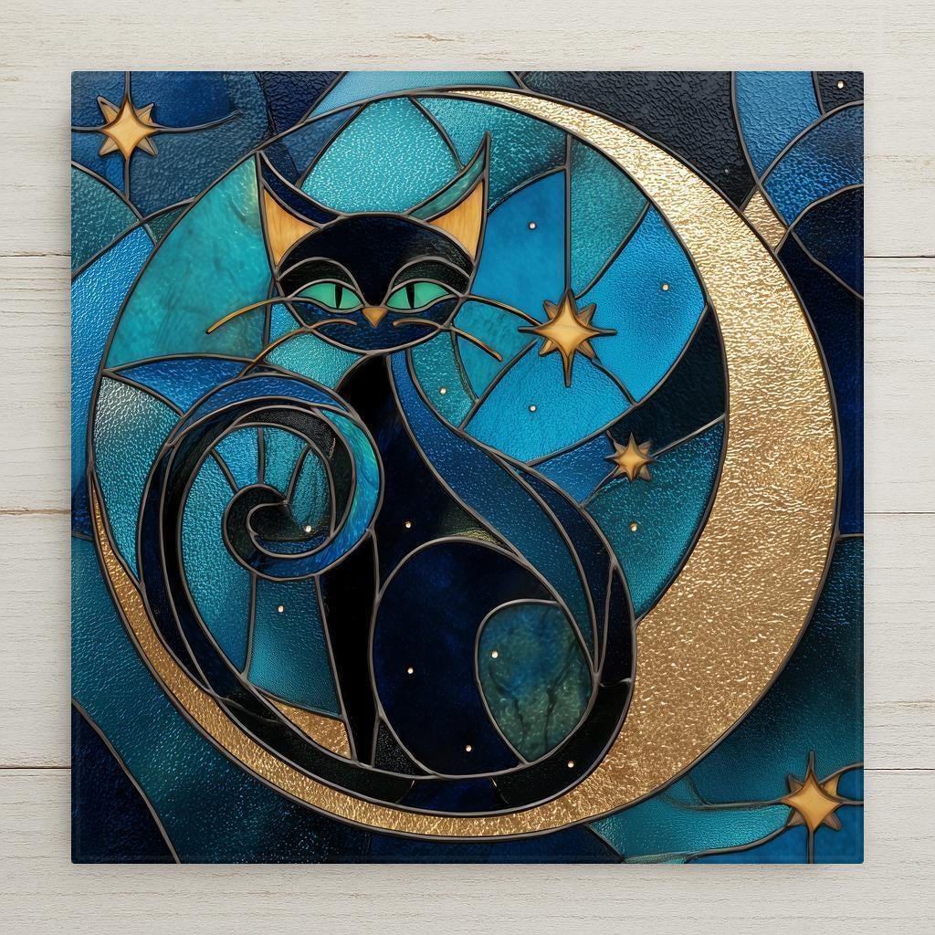 Black cat ceramic tile wall art featuring a stained glass–style cat curled inside a golden crescent moon with stars. Mystical night wall decor with deep blue and teal tones and refined leadwork-style detailing. Permanent print on ceramic tile, not real stained glass or mosaic. Optional wall hanger, easel stand, cork backing, or premium frame available.