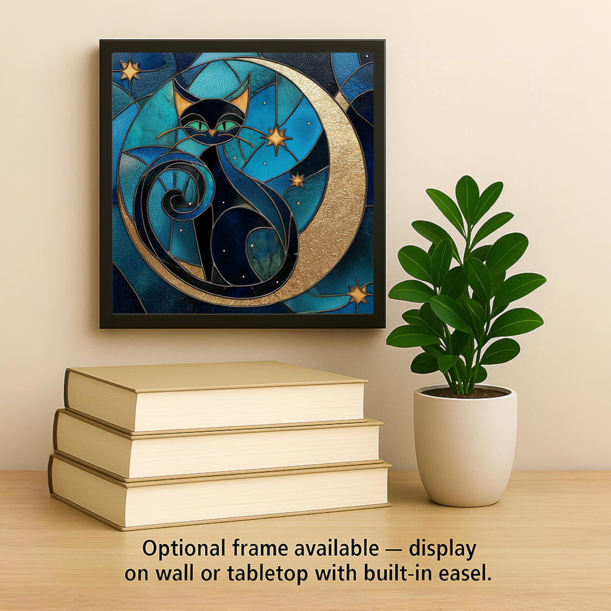 Black Cat Moon Wall Art Ceramic Tile Mystical Gift Stained Glass Style Night Decor Witchy Cat Art Moon Gift Tile