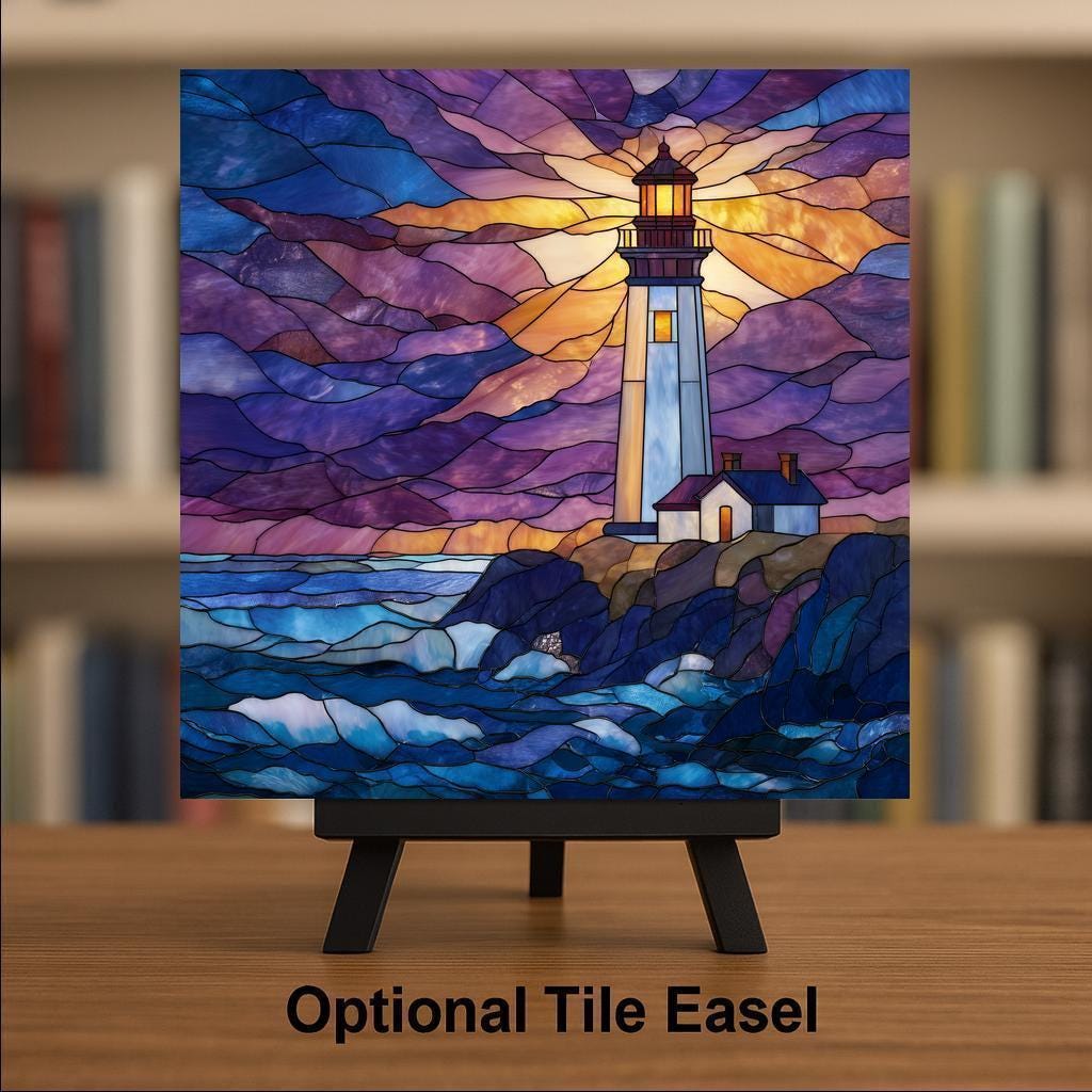 Lighthouse Wall Art Ceramic Tile Beach House Gift Beacon of Light Decor Coastal Art Nautical Gift Tile Stained Glass Style