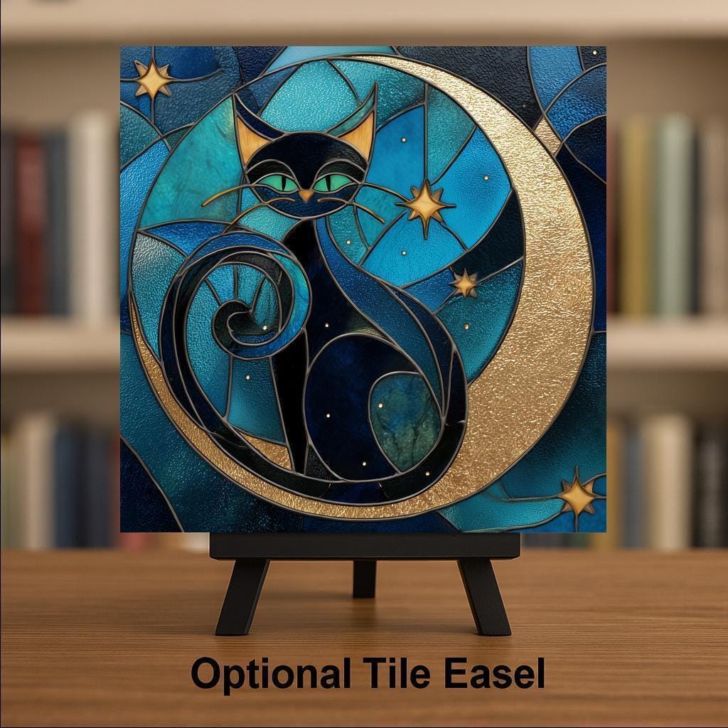 Black Cat Moon Wall Art Ceramic Tile Mystical Gift Stained Glass Style Night Decor Witchy Cat Art Moon Gift Tile