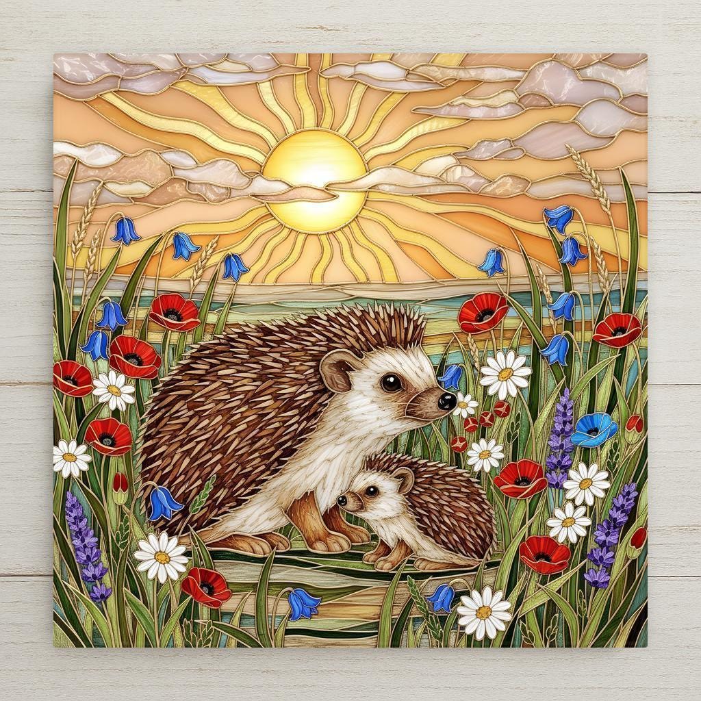 Stained glass style ceramic art tile of a mother hedgehog and baby hedgehog in a wildflower meadow of poppies daisies and lavender at sunrise, woodland nursery and baby shower decor.