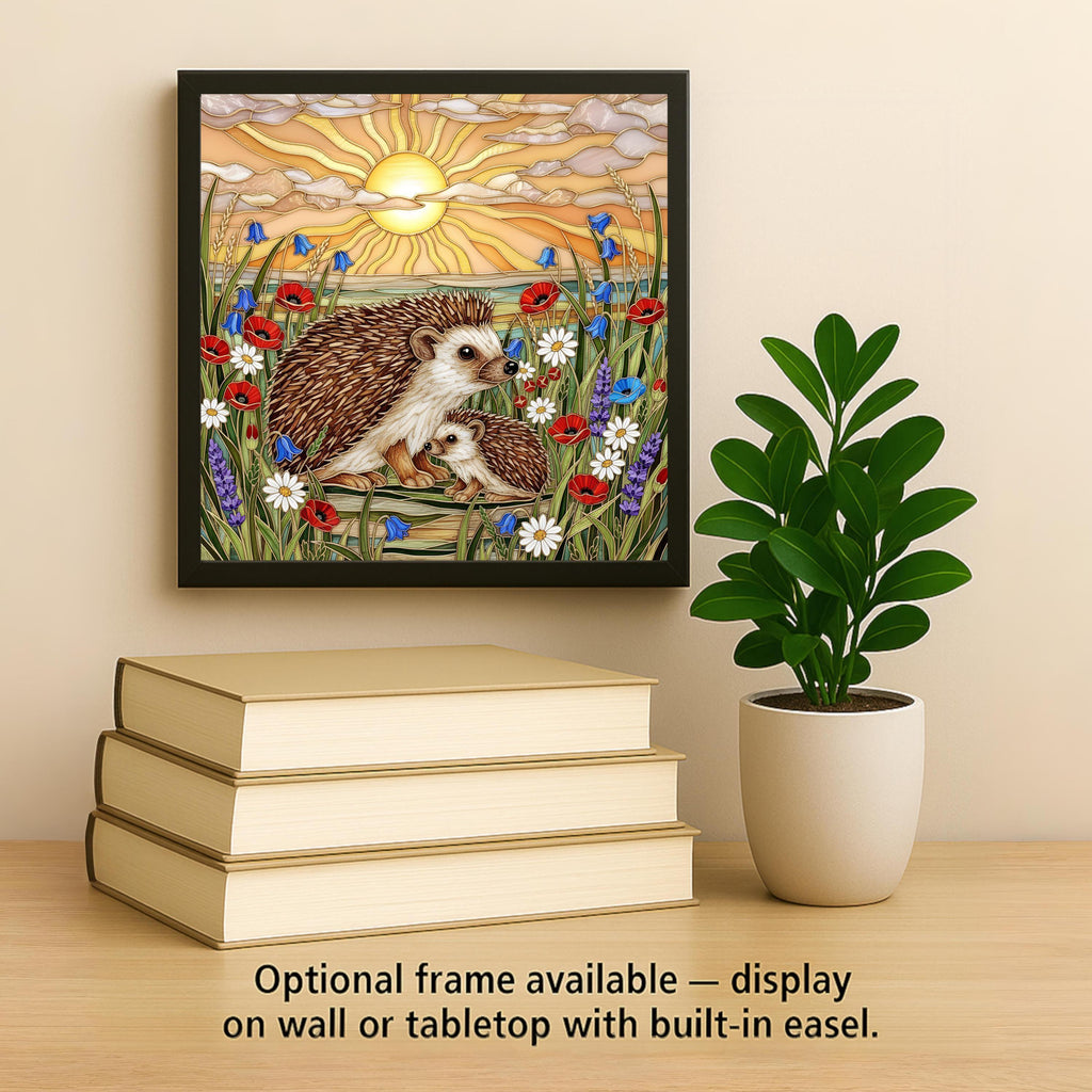 Mother and Baby Hedgehog Stained Glass Style Ceramic Art Tile – Woodland Nursery Wall Decor, New Mom Keepsake