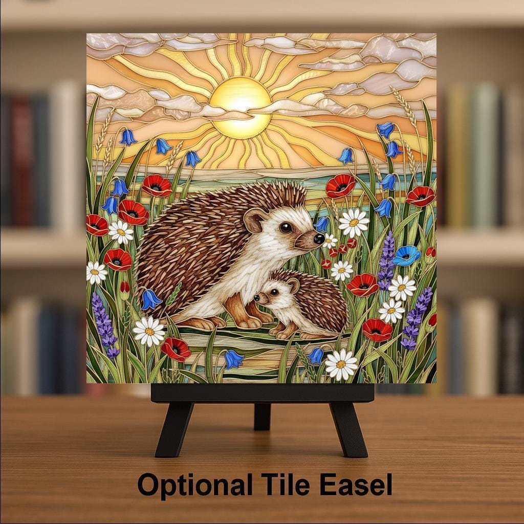 Mother and Baby Hedgehog Stained Glass Style Ceramic Art Tile – Woodland Nursery Wall Decor, New Mom Keepsake