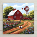 Rustic barn wall art ceramic tile with windmill, truck, cow, rooster, and wildflowers. Perfect for farmhouse or country kitchen wall decor.