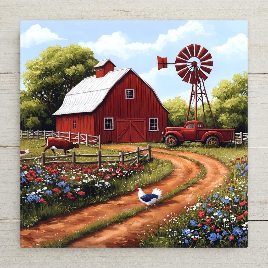 Rustic barn wall art ceramic tile with windmill, truck, cow, rooster, and wildflowers. Perfect for farmhouse or country kitchen wall decor.