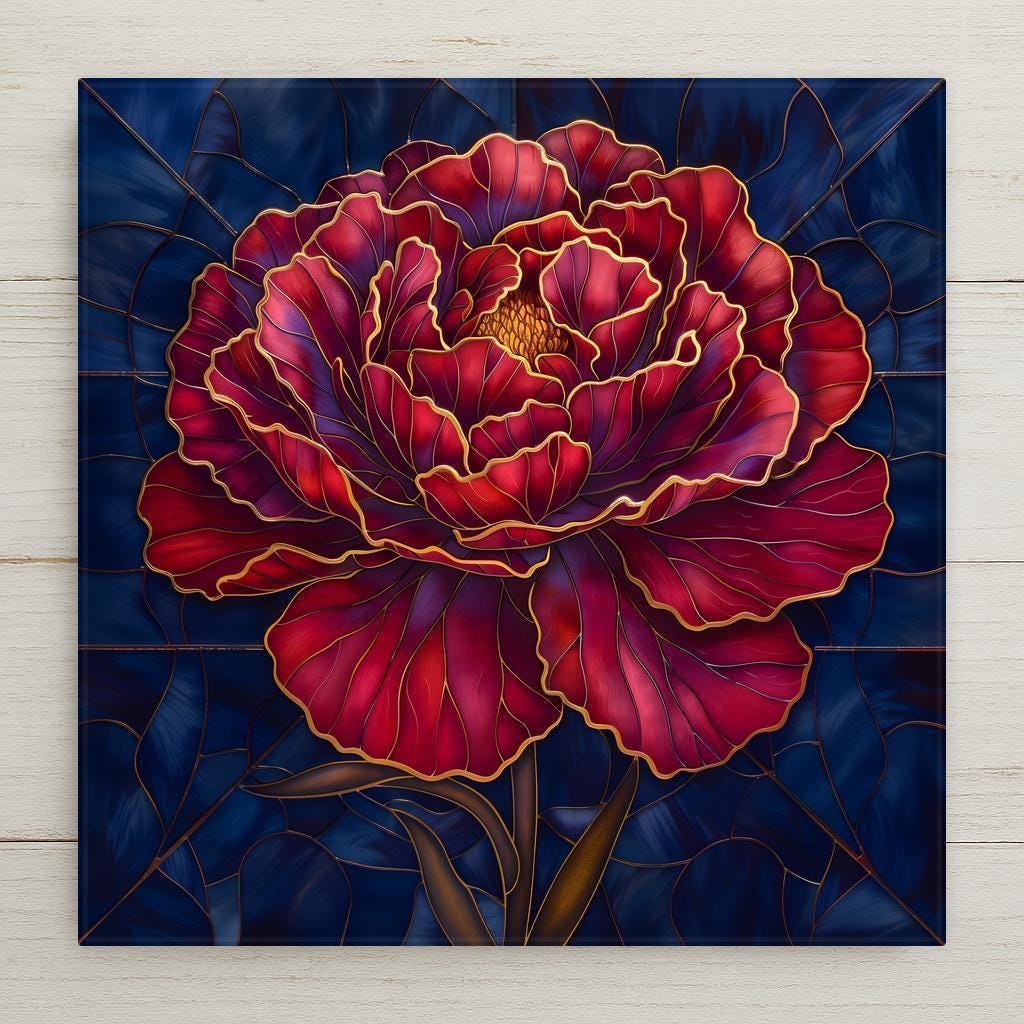 Stained glass style ceramic art tile of a large deep-red peony with gold-edged petals and a golden center, on a marbled navy blue background — a moody, dark academia floral wall decor.