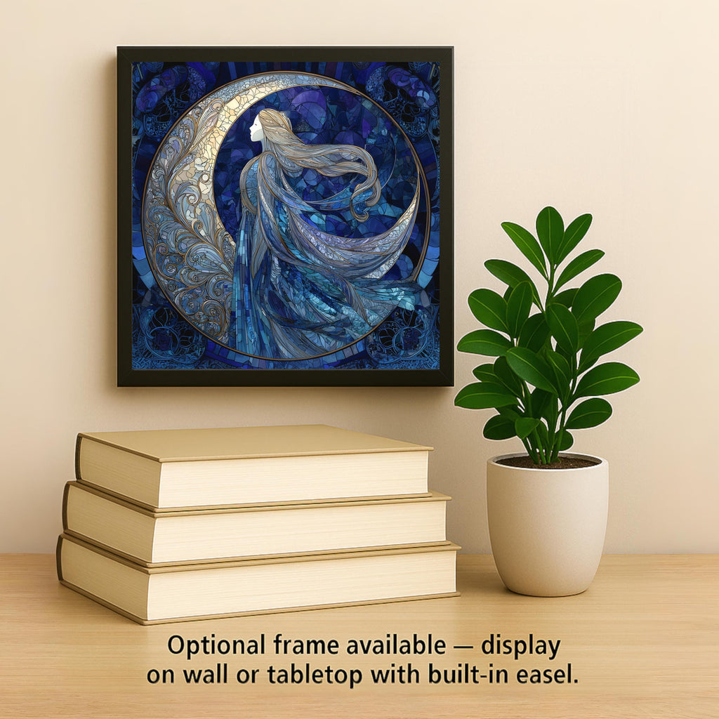 Moon Goddess Stained Glass Style Ceramic Art Tile – Moonlit Mystical Wall Decor, Celestial Fantasy Spiritual Gift