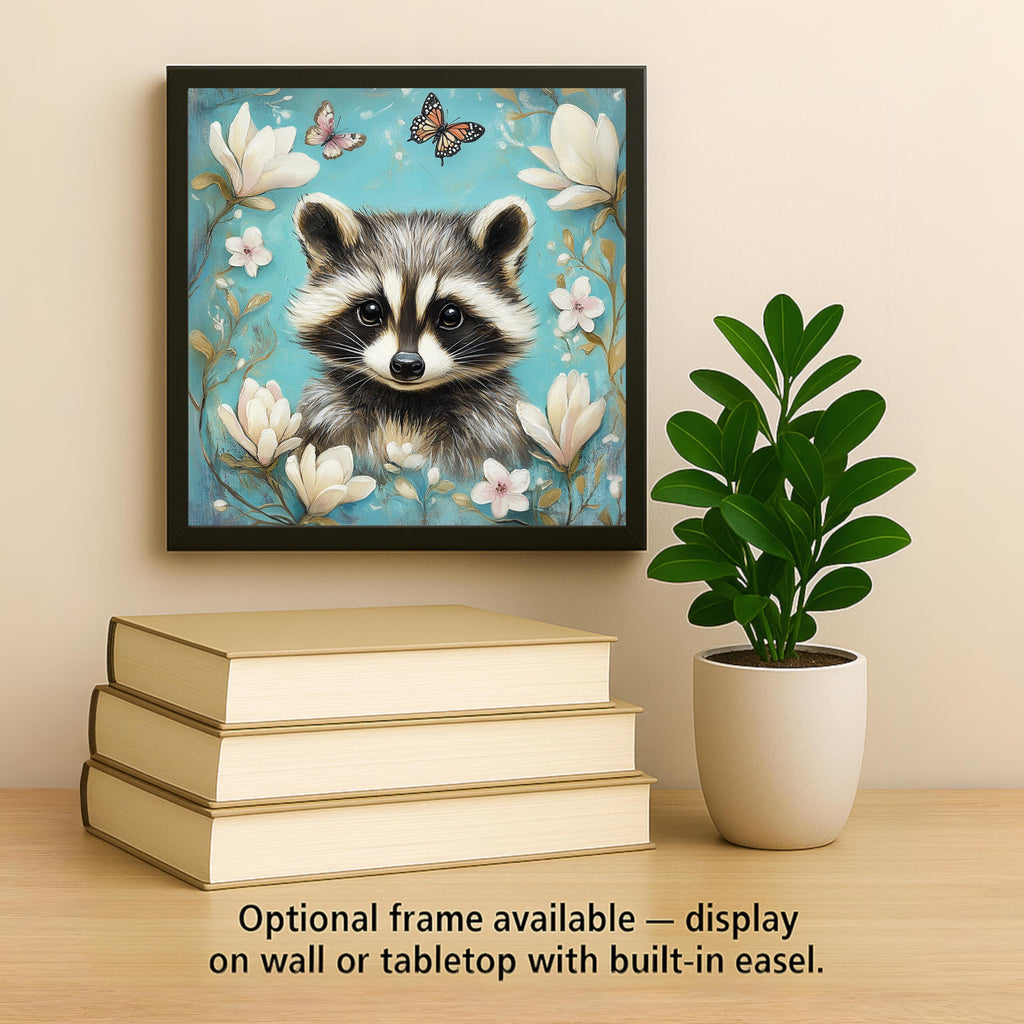 Raccoon Magnolia Wall Art Ceramic Tile Woodland Gift Teal Decor Nature Art Raccoon Lover Cottagecore Gift Tile