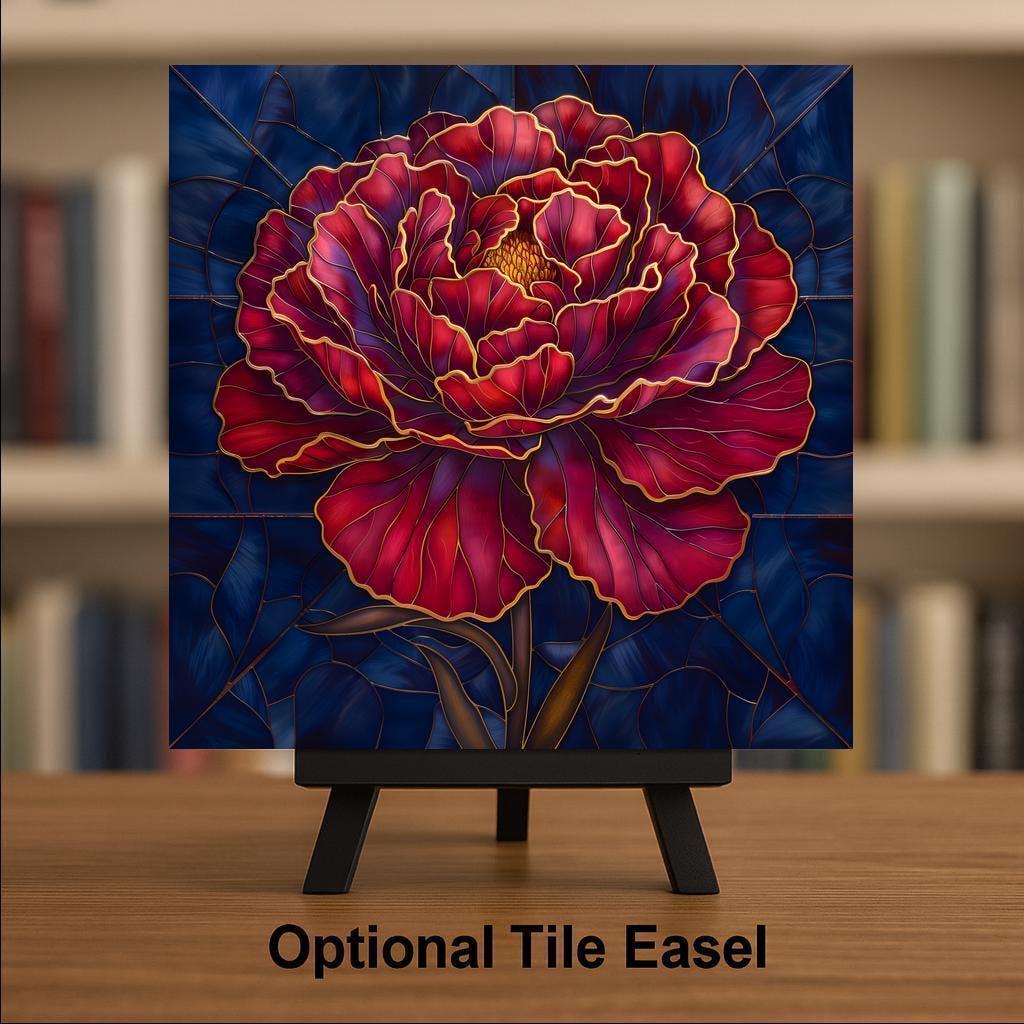 Peony Stained Glass Style Ceramic Art Tile – Burgundy Floral Wall Decor, Dark Academia Moody Maximalist Accent
