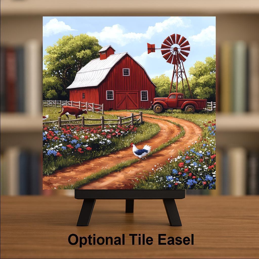 Red Barn Wall Art Ceramic Tile Farmhouse Country Decor Rustic Cabin Wall Decor Barn Landscape Farm Lover Gift Accent Tile