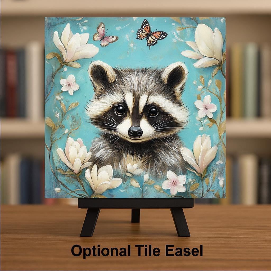 Raccoon Magnolia Wall Art Ceramic Tile Woodland Gift Teal Decor Nature Art Raccoon Lover Cottagecore Gift Tile