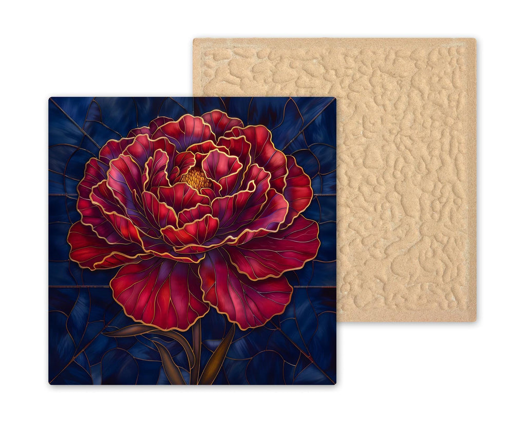 Peony Stained Glass Style Ceramic Art Tile – Burgundy Floral Wall Decor, Dark Academia Moody Maximalist Accent