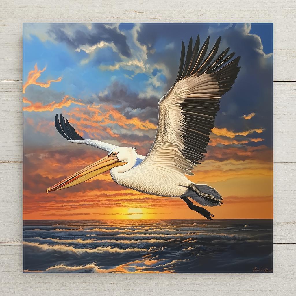 Pelican ceramic tile wall art showing a white pelican gliding over ocean waves at sunset with golden light on the water and dramatic clouds, coastal bird decor and memorial bird art