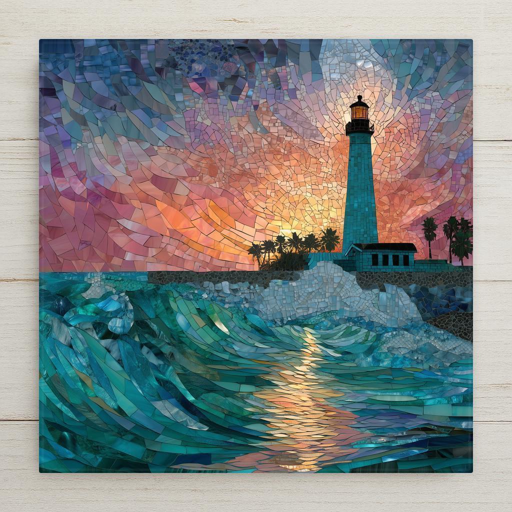 This Key West Lighthouse ceramic tile glows with tropical color in a stained glass-style mosaic print. (Not real glass.) Optional premium frame, wall hanger, easel stand, or cork backing. Perfect as beach house décor or a coastal gift that captures island sunsets.