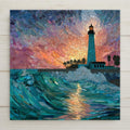 This Key West Lighthouse ceramic tile glows with tropical color in a stained glass-style mosaic print. (Not real glass.) Optional premium frame, wall hanger, easel stand, or cork backing. Perfect as beach house décor or a coastal gift that captures island sunsets.