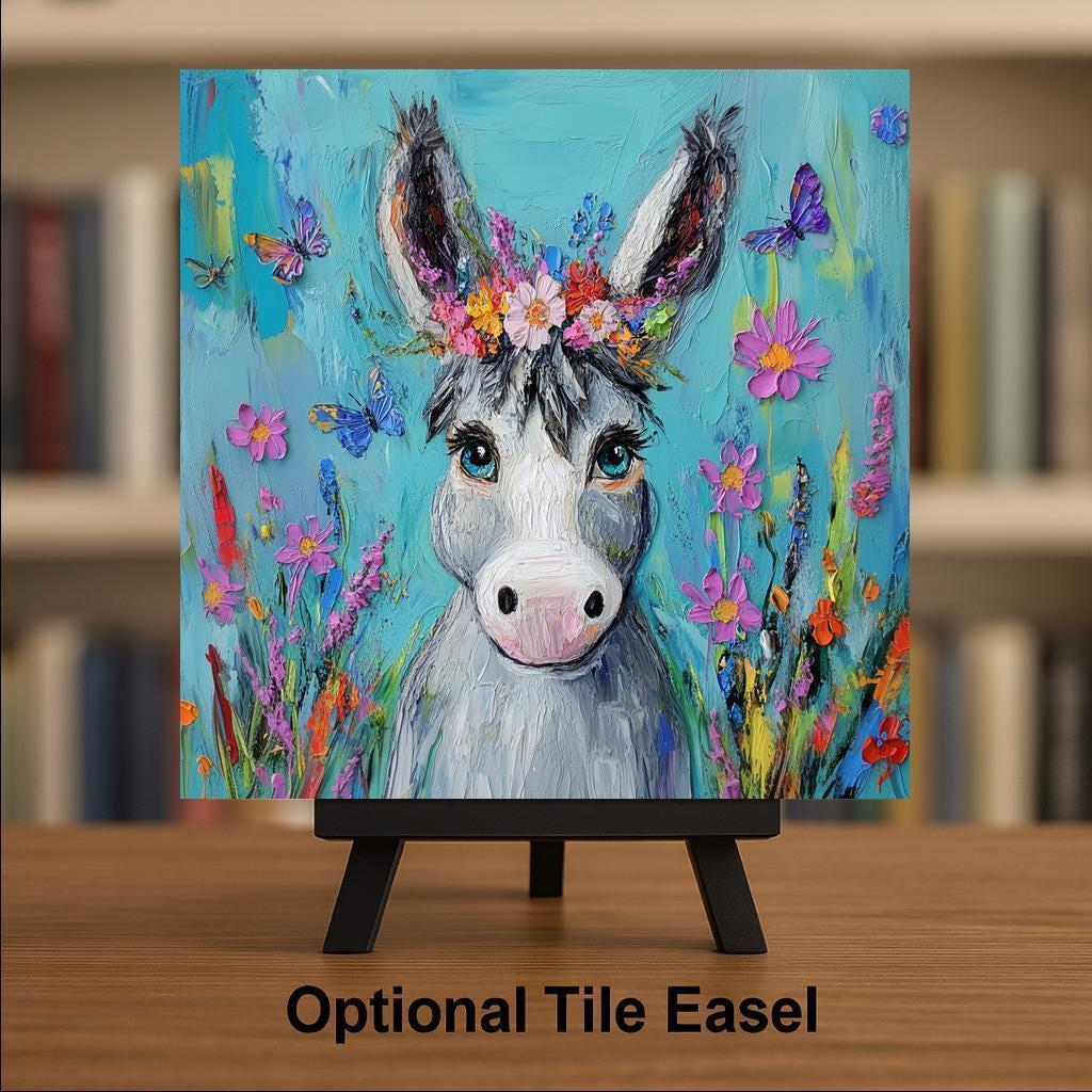 Floral Donkey Wall Art Ceramic Tile Cottagecore Gift Farmhouse Decor Whimsical Animal Art Donkey Lover Gift Tile