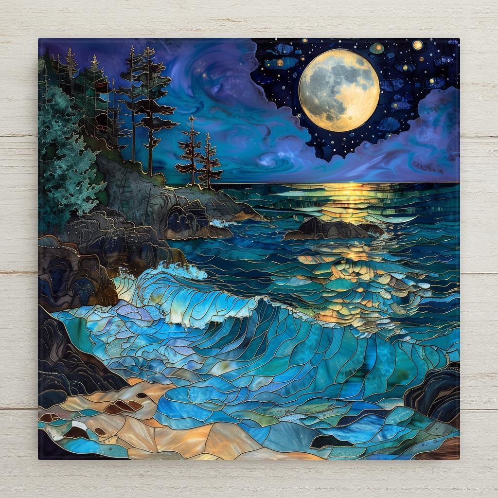 Stained glass style ceramic tile featuring a large golden full moon over crashing teal and sapphire waves. The moonlight reflects across the ocean toward a rugged coastal shoreline. Dramatic luxury coastal wall decor in rich jewel tones.
