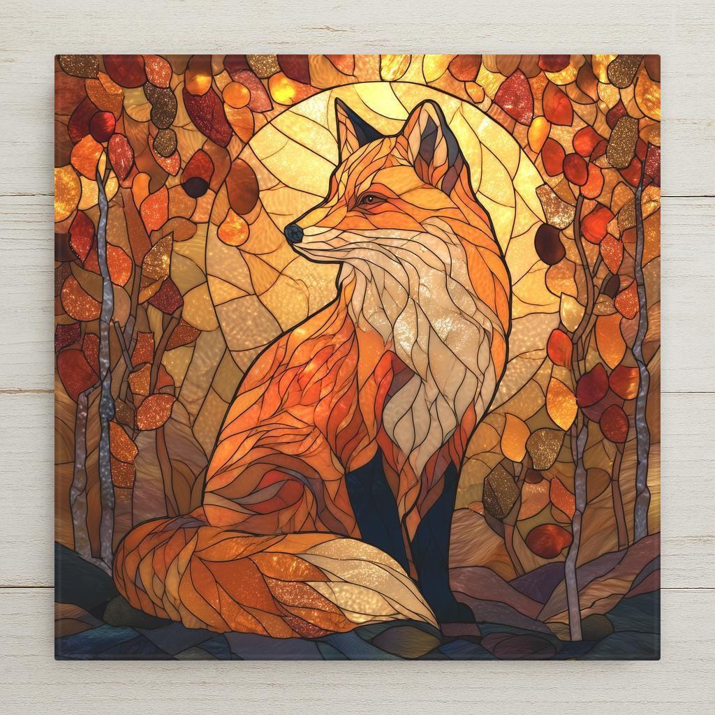 Stained glass-style ceramic tile artwork featuring a regal autumn fox surrounded by glowing golden leaves, warm fall colors, and woodland accents.