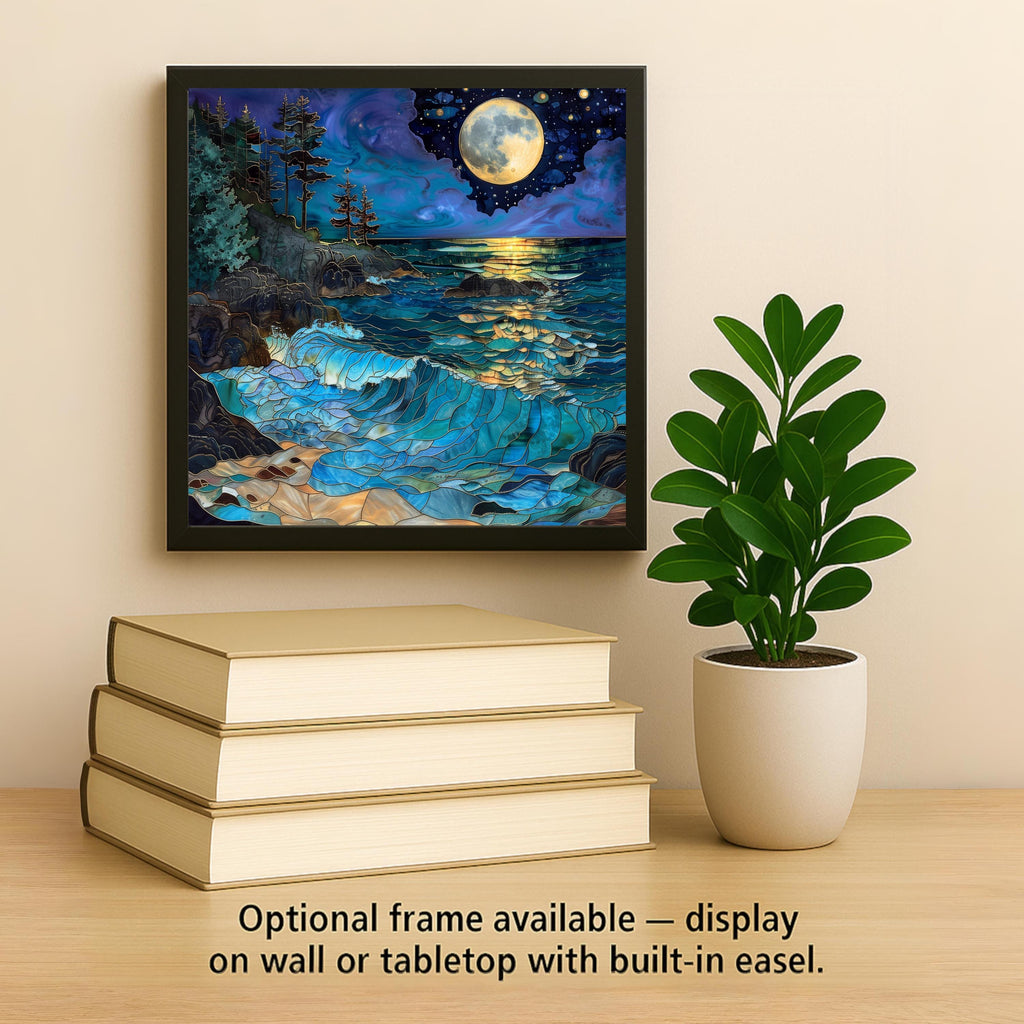 Full Moon Ocean Ceramic Art Tile – Luxury Coastal Wall Decor, Dramatic Gold Moon Seascape Gift