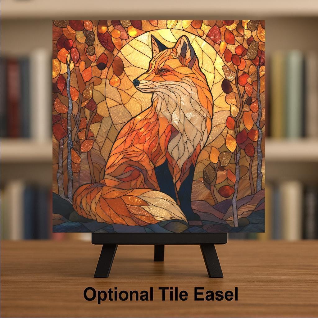 Fox Stained Glass Style Ceramic Art Tile – Autumn Wildlife Wall Decor, Rustic Cabin Nature Lover Gift