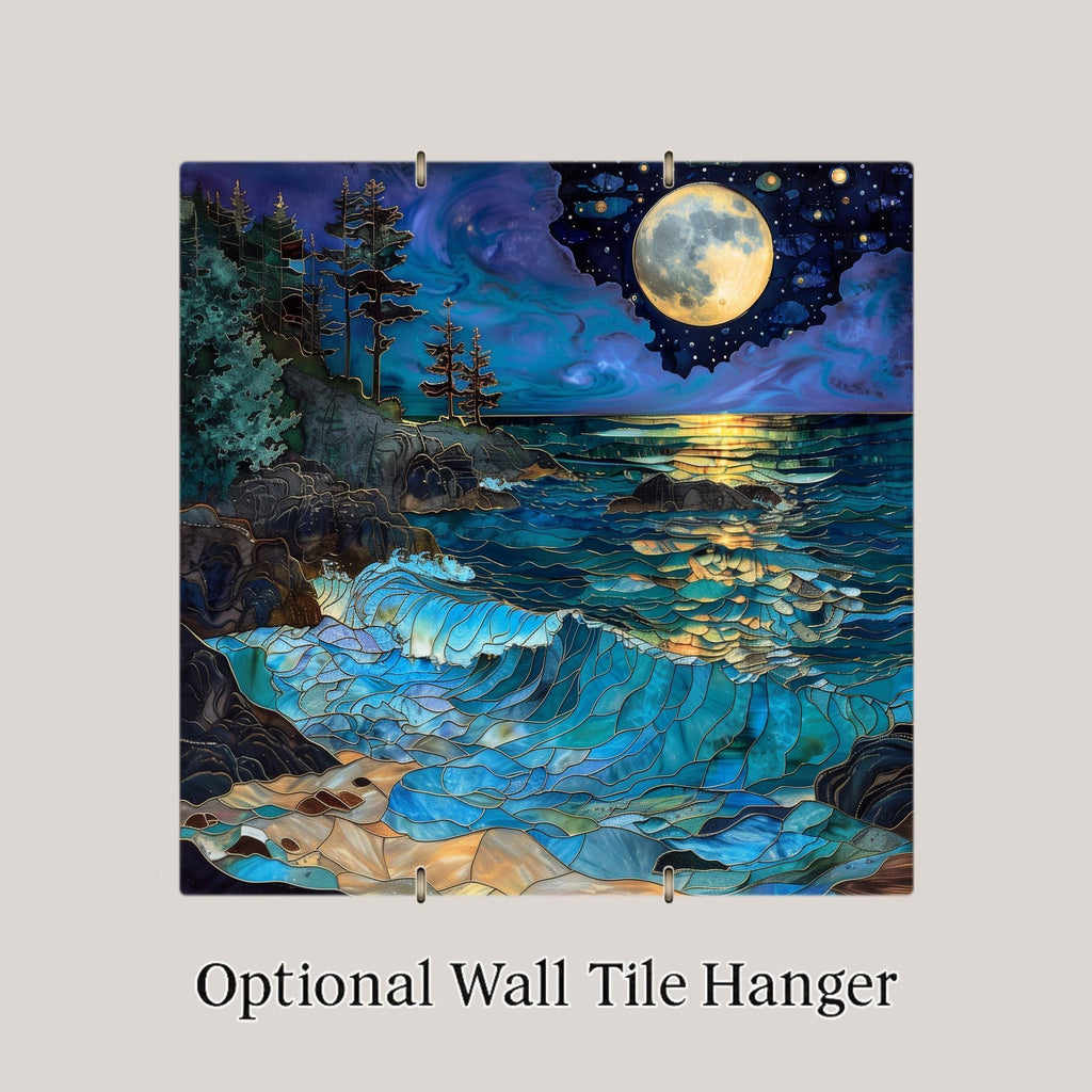 Full Moon Ocean Ceramic Art Tile – Luxury Coastal Wall Decor, Dramatic Gold Moon Seascape Gift