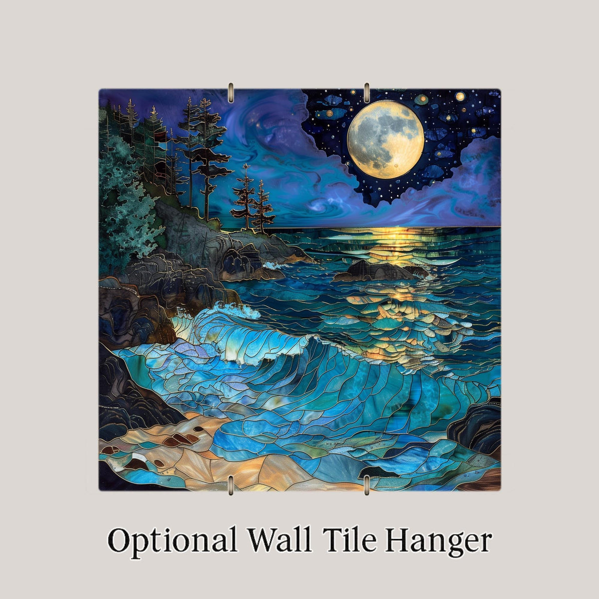Full Moon Ocean Ceramic Art Tile – Luxury Coastal Wall Decor, Dramatic Gold Moon Seascape Gift