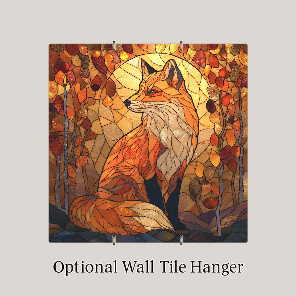 Fox Stained Glass Style Ceramic Art Tile – Autumn Wildlife Wall Decor, Rustic Cabin Nature Lover Gift