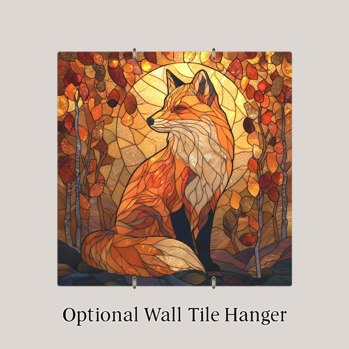 Fox Stained Glass Style Ceramic Art Tile – Autumn Wildlife Wall Decor, Rustic Cabin Nature Lover Gift