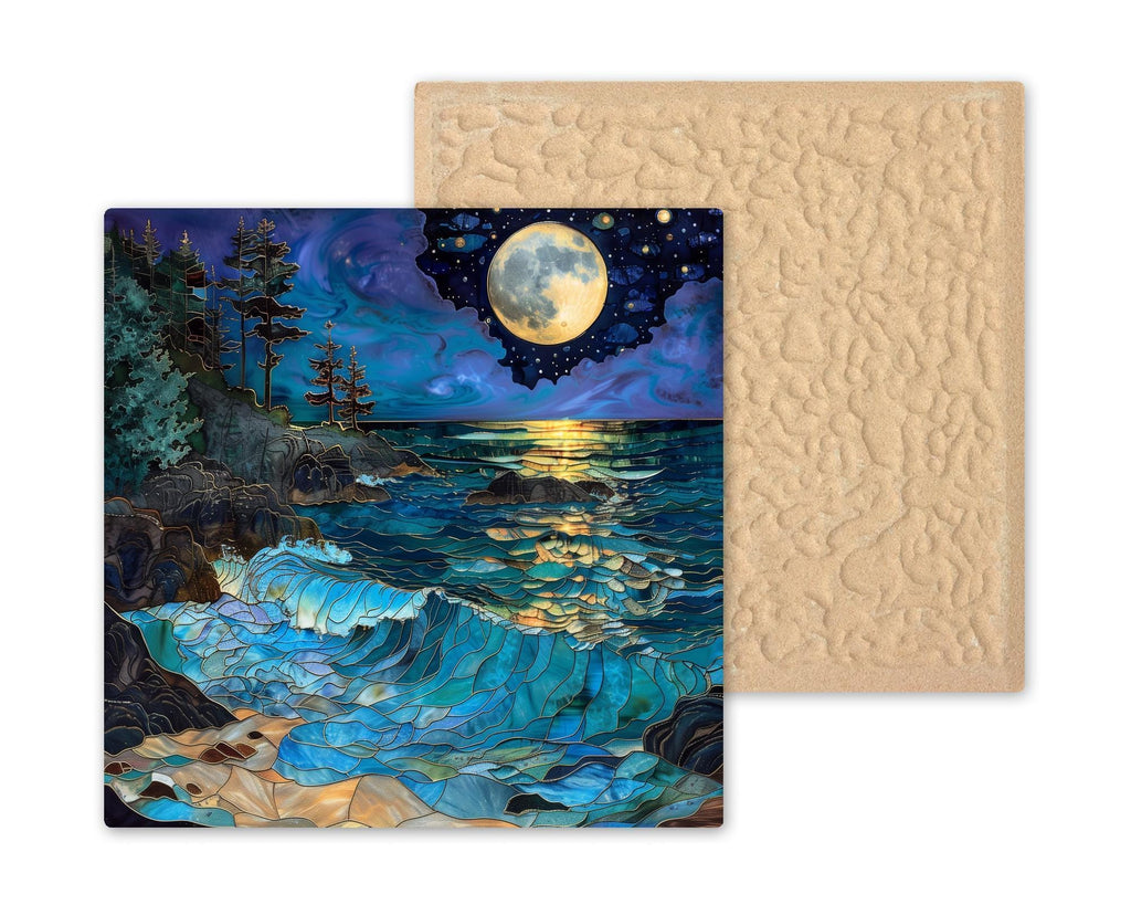 Full Moon Ocean Ceramic Art Tile – Luxury Coastal Wall Decor, Dramatic Gold Moon Seascape Gift