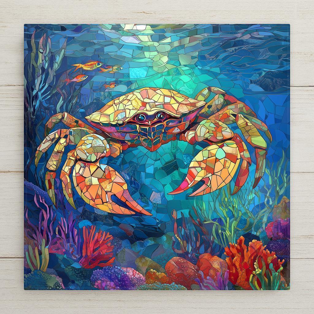 A vibrant crab ceramic tile designed in a mosaic stained glass style, ideal for enhancing a beach house, coastal bathroom, or nautical kitchen wall. The glossy finish brings out the rich ocean hues, adding depth and brilliance. It's a fun and creative gift for sea enthusiasts and fans of beach-inspired decor.