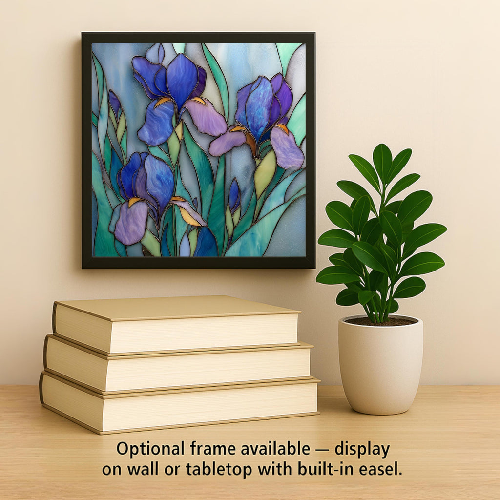 Bearded Iris Stained Glass Style Ceramic Art Tile – February Birth Flower Wall Decor, Purple Floral Garden Accent