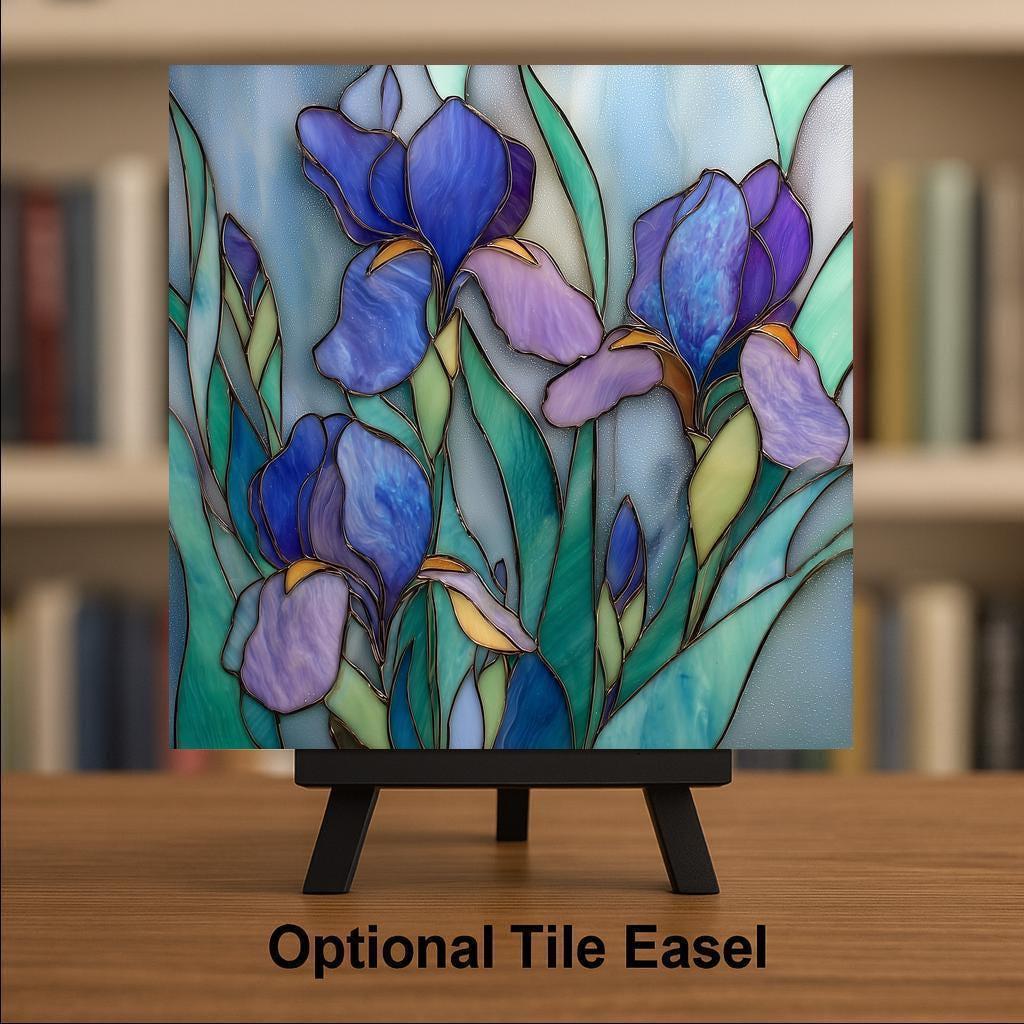 Bearded Iris Stained Glass Style Ceramic Art Tile – February Birth Flower Wall Decor, Purple Floral Garden Accent