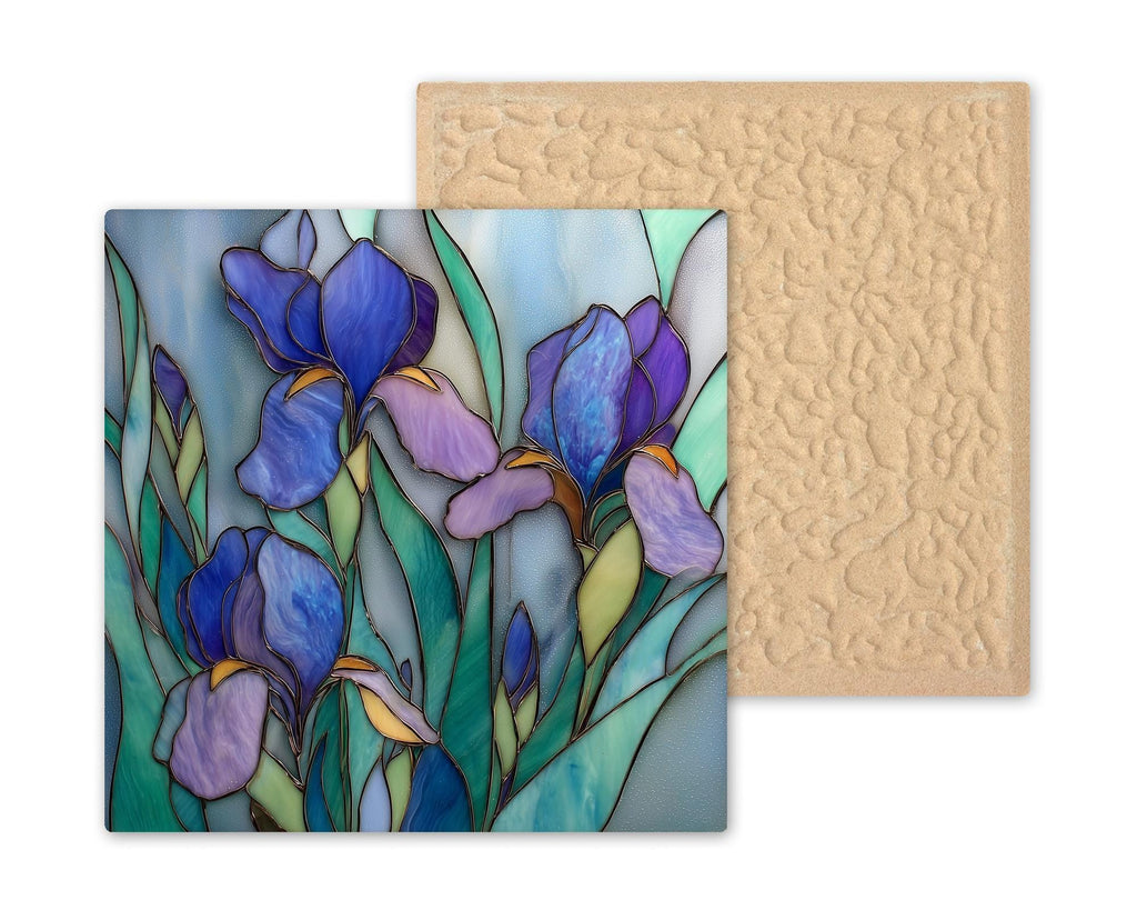 Bearded Iris Stained Glass Style Ceramic Art Tile – February Birth Flower Wall Decor, Purple Floral Garden Accent