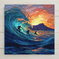 Stained glass–style ceramic tile wall art featuring big wave surfers at Waikiki Beach during a glowing sunset, with Diamond Head in the background. Vibrant ocean blues, warm golden light, and dynamic wave motion create striking coastal wall decor for beach homes, surf lovers, and Hawaii-inspired spaces. Permanent print on ceramic tile; optional wall hanger, stand, cork backing, and premium frame available.