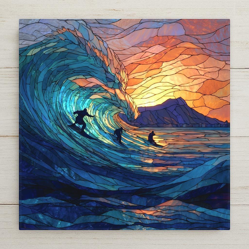 Stained glass–style ceramic tile wall art featuring big wave surfers at Waikiki Beach during a glowing sunset, with Diamond Head in the background. Vibrant ocean blues, warm golden light, and dynamic wave motion create striking coastal wall decor for beach homes, surf lovers, and Hawaii-inspired spaces. Permanent print on ceramic tile; optional wall hanger, stand, cork backing, and premium frame available.