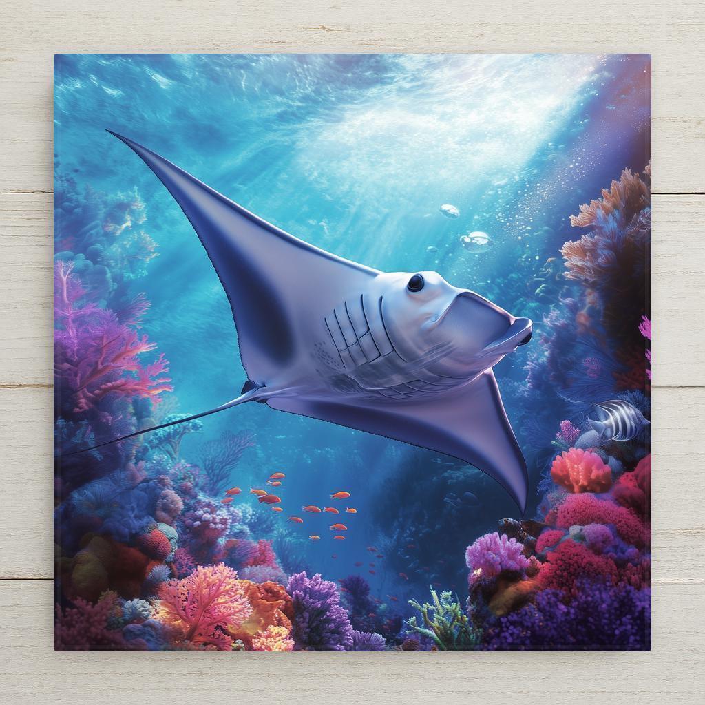 This manta ray ceramic tile showcases ocean beauty with vivid coral reef detail. Perfect for beach homes, sea lovers, or coastal wall décor.