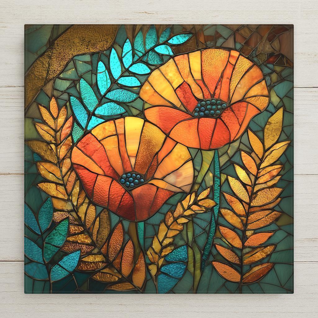 Orange poppy ceramic tile wall art in glowing amber and teal tones. Stained glass style floral wall decor adds warmth and color to your home decor. Perfect nature-inspired gift for garden lovers. Optional wall hanger, easel stand, cork backing, or premium frame available.