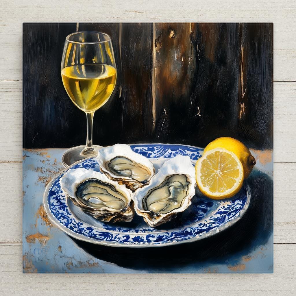 Vintage-style ceramic tile art featuring oysters on a plate, lemon wedge, and wine glass. Coastal kitchen decor perfect for seafood lovers and elegant dining themes.