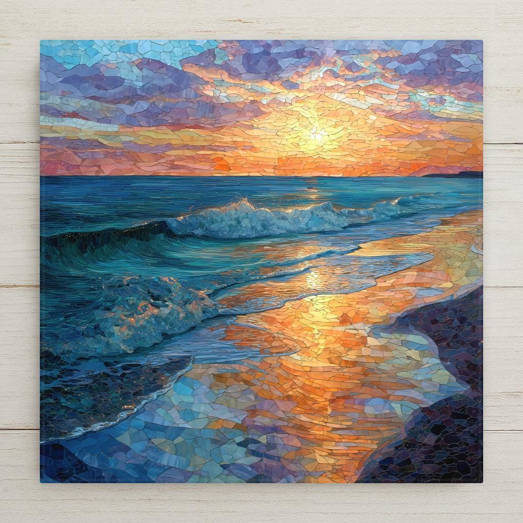 Stained glass–style ceramic tile artwork inspired by Cape Cod, featuring a coastal beach scene with ocean tones, warm light, and nautical cottage charm.