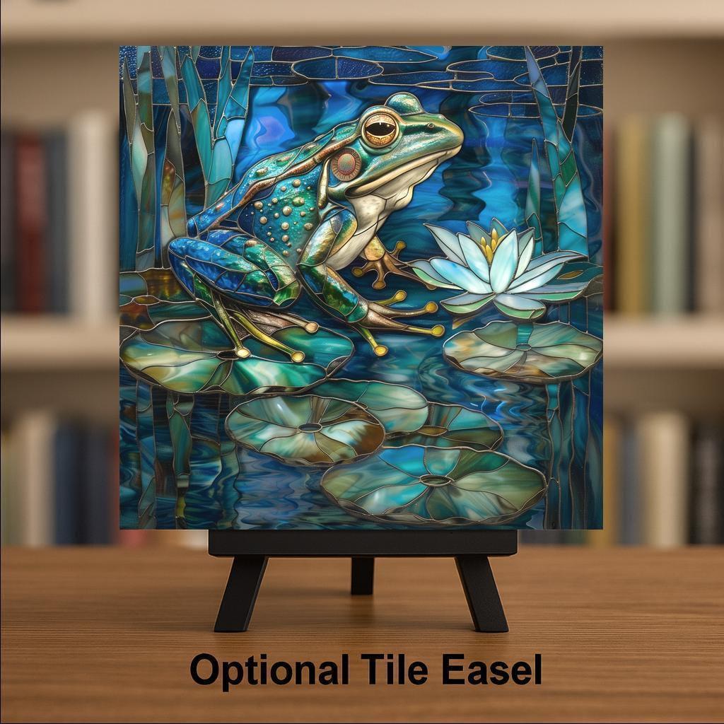 Blue Green Frog Stained Glass Style Ceramic Art Tile: Nature Wall Decor Art Lover Gift Home Decor Wall Art
