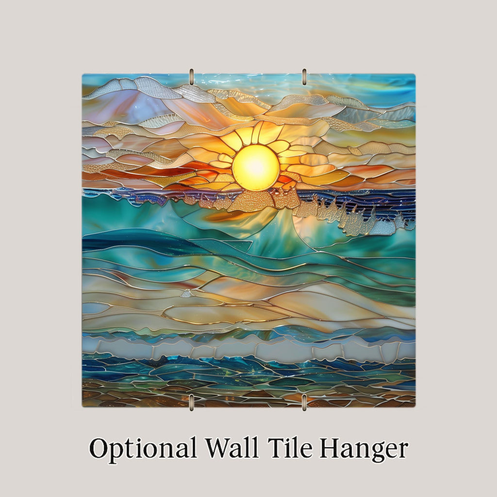 Coastal Sunset Waves Wall Art Ceramic Tile Stained Glass Style Beach House Gift Ocean Decor Place Identity Nature Art