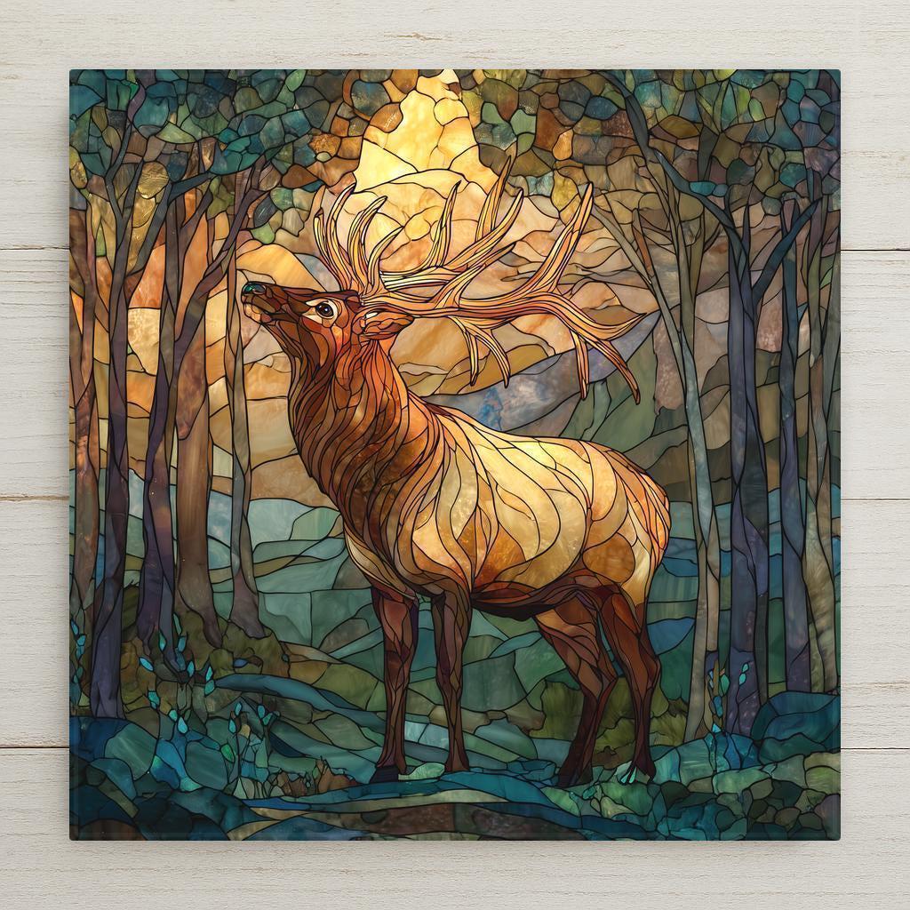 Stained glass–style elk ceramic tile perfect for cabin décor, wildlife décor, and rustic home styling. Vivid permanent print with rich woodland colors. Optional tile wall hanger, easel tile stand, cork backing, and premium display frame available for easy and versatile display.